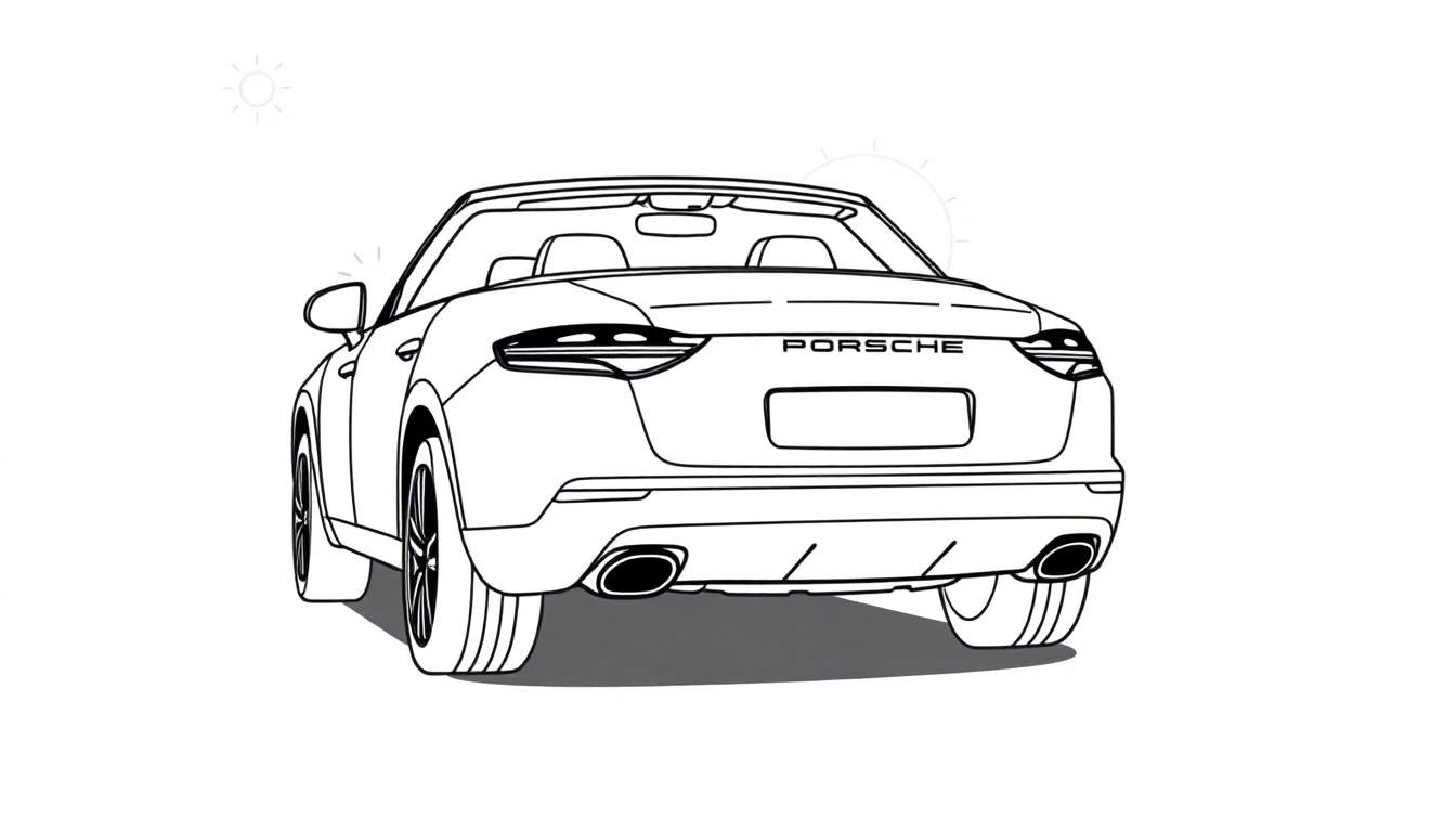 Kleurplaat: zwarte lijntekening van de achterkant van een Porsche cabrio, met de naam 'PORSCHE' erop.