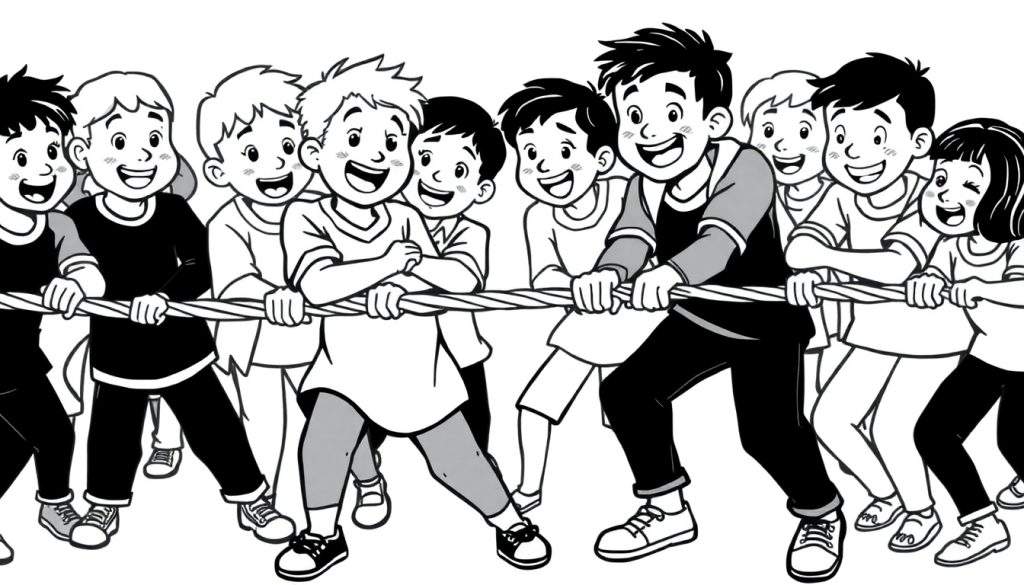Kleurplaat van kinderen die touwtrekken met lachende gezichten.