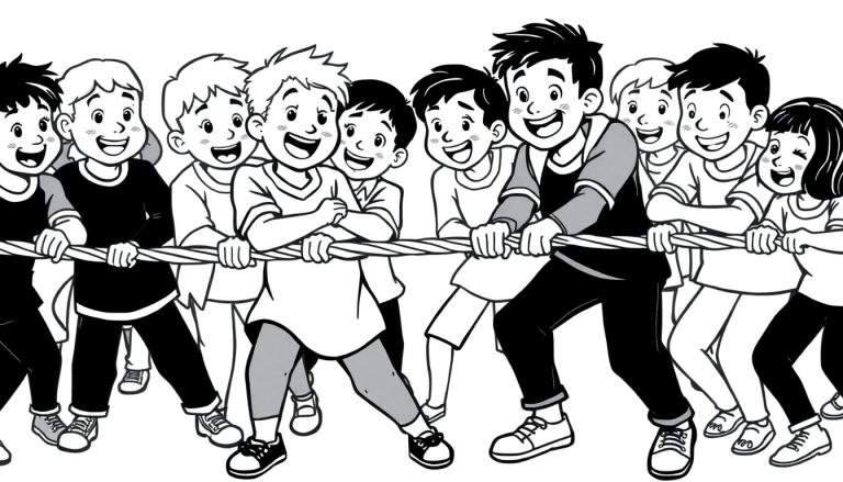 Kleurplaat van kinderen die touwtrekken met lachende gezichten.