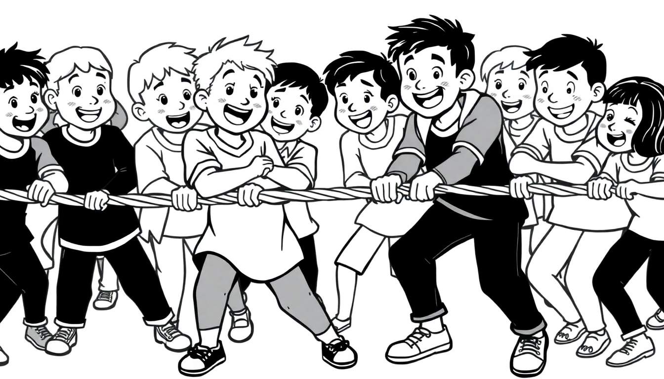 Kleurplaat van kinderen die touwtrekken met lachende gezichten.