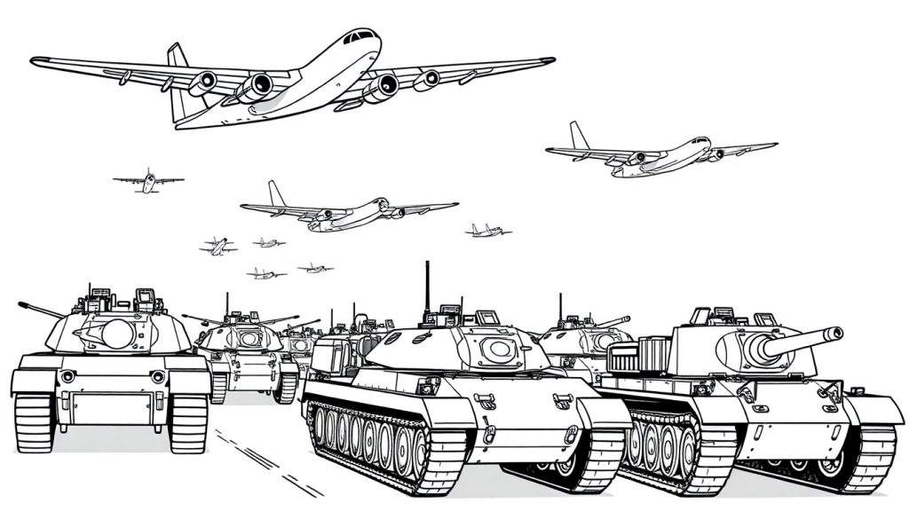 Kleurplaat van een colonne tanks en bommenwerpers.