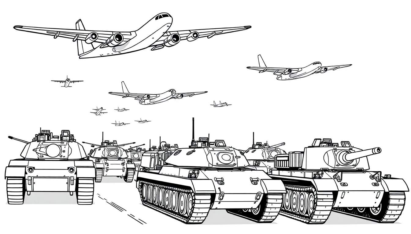 Kleurplaat van een colonne tanks en bommenwerpers.