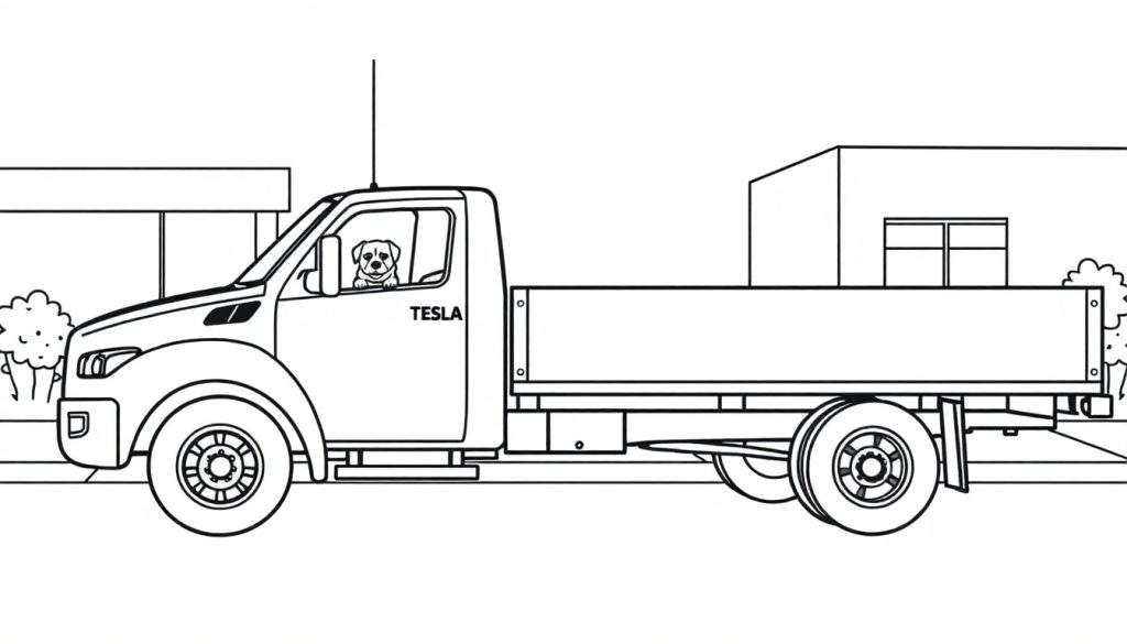 Kleurplaat: Een hond zit in de bestuurdersstoel van een vrachtwagen met het woord 'Tesla' erop.