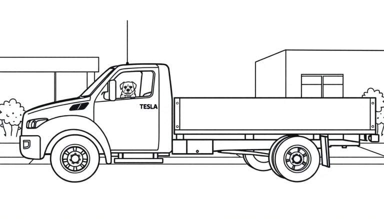 Kleurplaat: Een hond zit in de bestuurdersstoel van een vrachtwagen met het woord 'Tesla' erop.