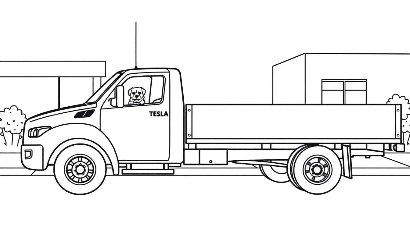 Kleurplaat: Een hond zit in de bestuurdersstoel van een vrachtwagen met het woord 'Tesla' erop.
