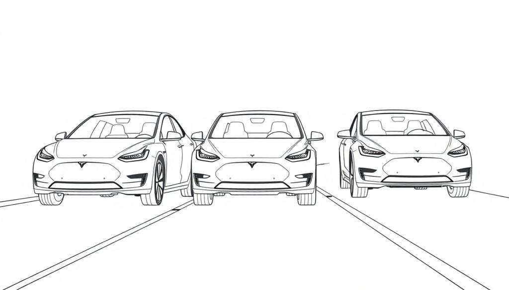 Drie Tesla's op een rij, een kleurplaat van elektrische auto's.