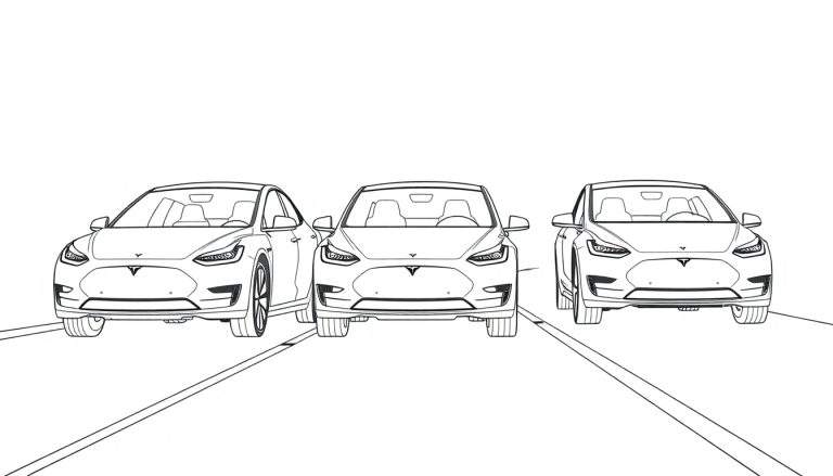 Drie Tesla's op een rij, een kleurplaat van elektrische auto's.