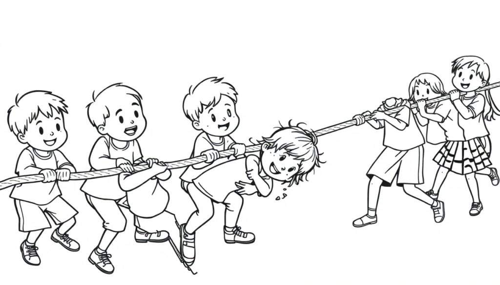 Zwart-wit kleurplaat van kinderen die touwtrekken, waarbij een jongen bijna van de grond wordt getild.