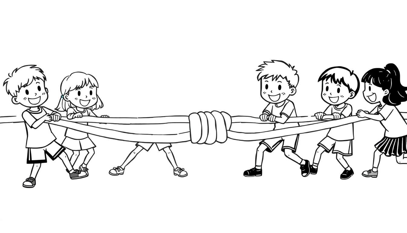Kleurplaat van een schoolplein met kinderen die touwtrekken.
