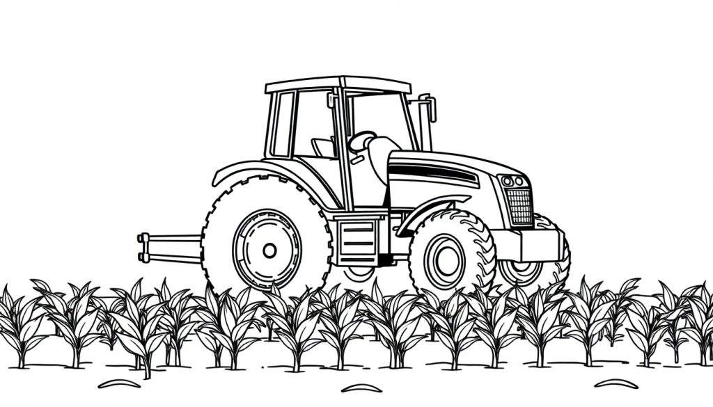 Kleurplaat van een tractor in een maïsveld.