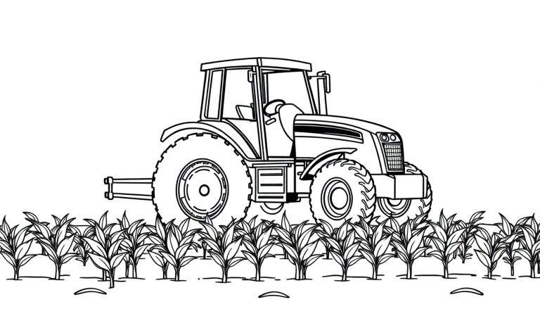 Kleurplaat van een tractor in een maïsveld.