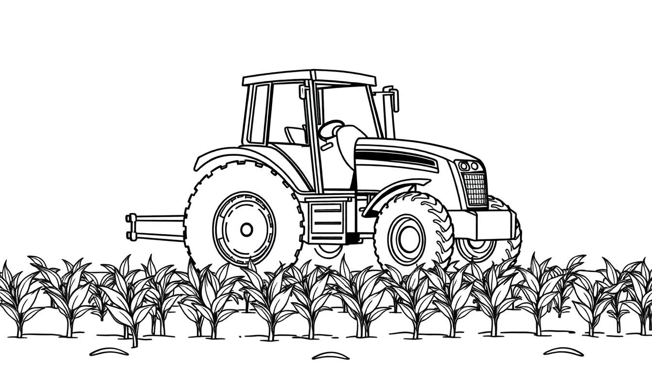 Kleurplaat van een tractor in een maïsveld.