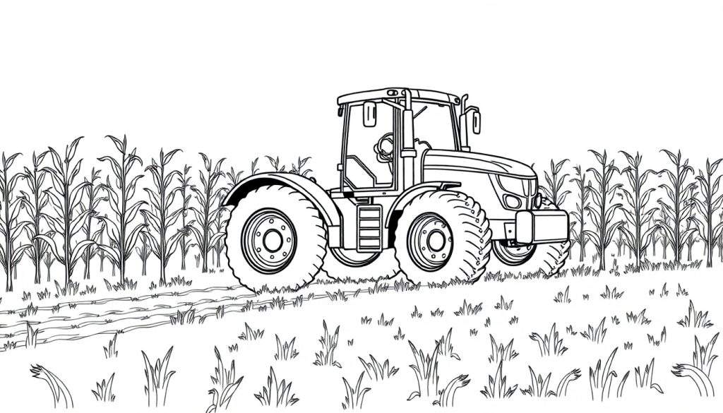 Kleurplaat van een tractor die door een maïsveld rijdt.