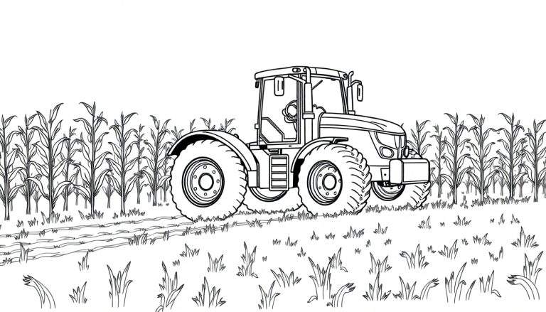 Kleurplaat van een tractor die door een maïsveld rijdt.