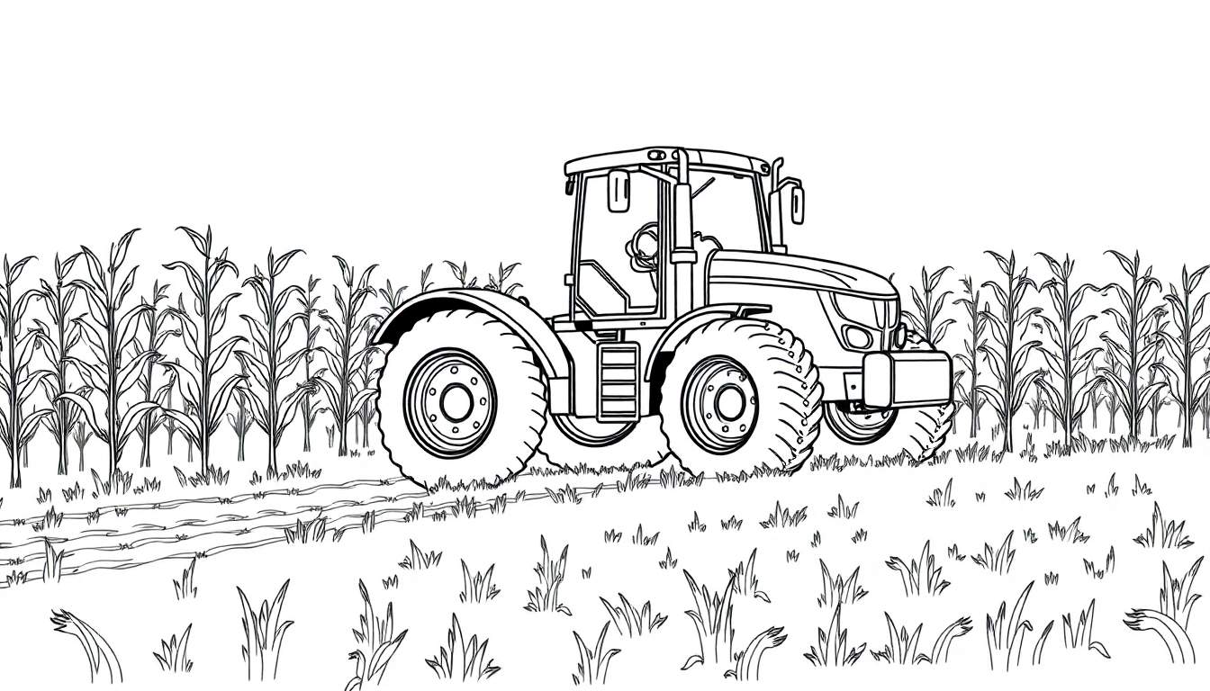 Kleurplaat van een tractor die door een maïsveld rijdt.