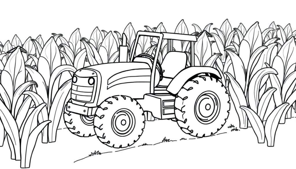 Kleurplaat van een tractor in een maisveld