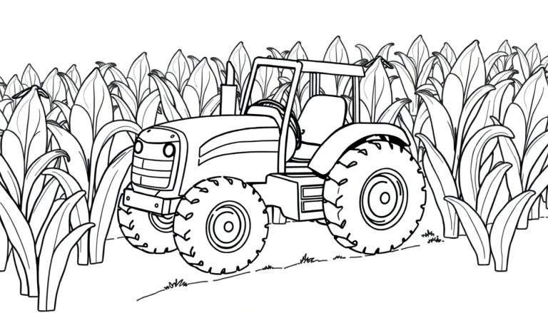 Kleurplaat van een tractor in een maisveld