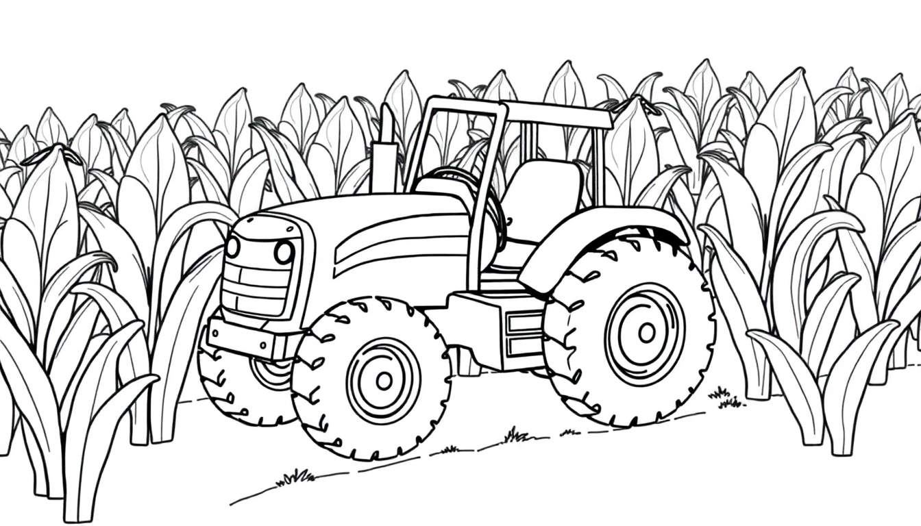 Kleurplaat van een tractor in een maisveld