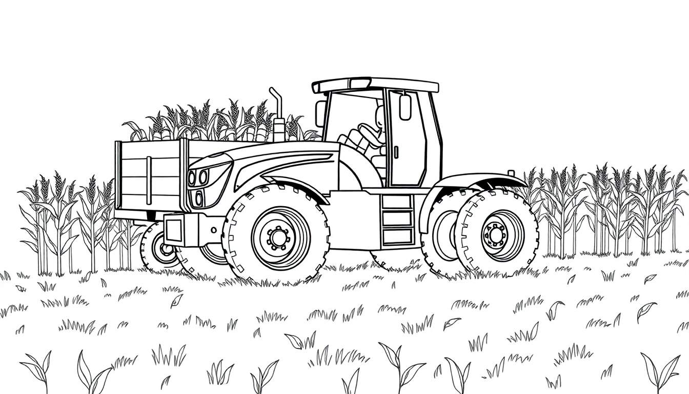 Een zwart-wit kleurplaat van een tractor die mais ophaalt.