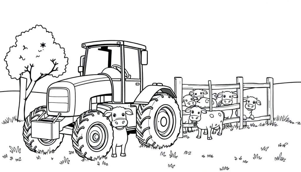 Kleurplaat van een tractor in een weiland met koeien en een hek.