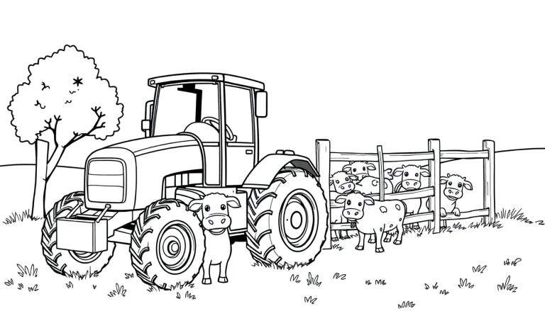 Kleurplaat van een tractor in een weiland met koeien en een hek.