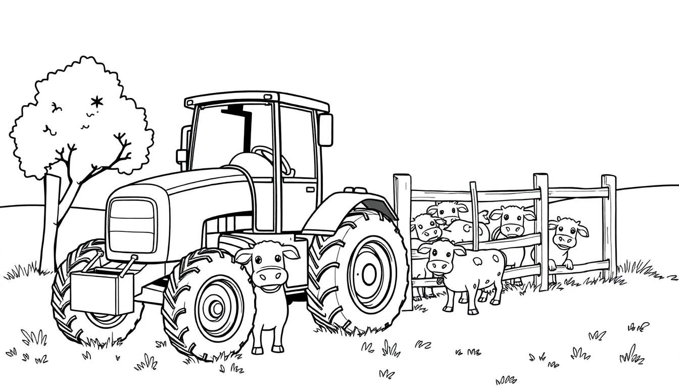 Kleurplaat van een tractor in een weiland met koeien en een hek.