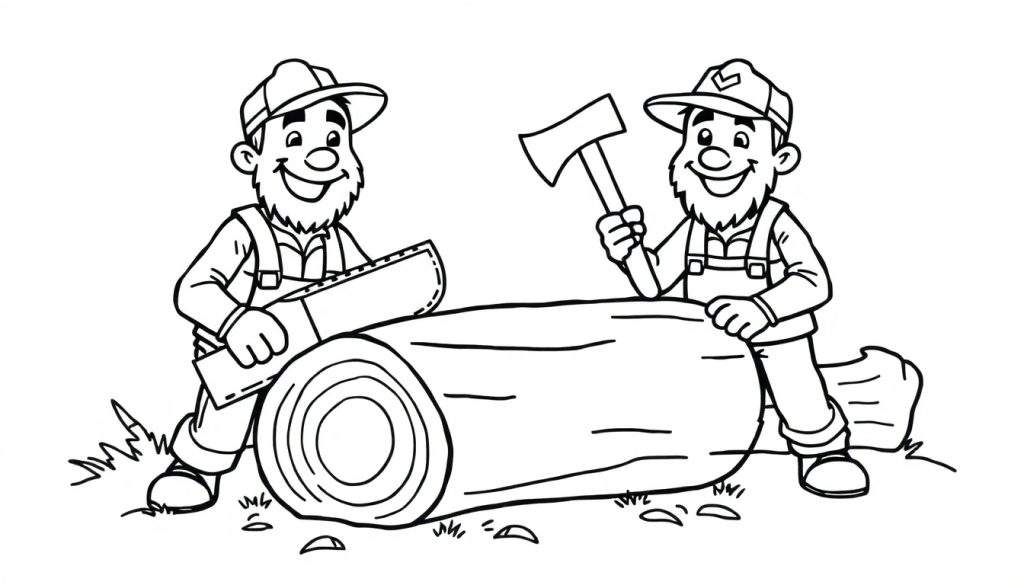 Zwart-wit kleurplaat van twee houthakkers die samen een boom omzagen.