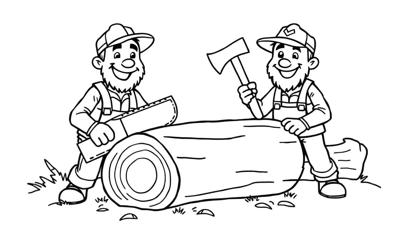 Zwart-wit kleurplaat van twee houthakkers die samen een boom omzagen.