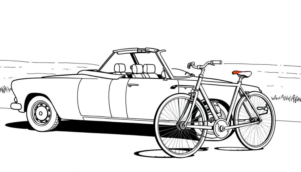 Kleurplaat van een klassieke cabriolet auto naast een fiets.