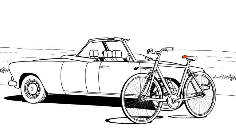 Kleurplaat van een klassieke cabriolet auto naast een fiets.
