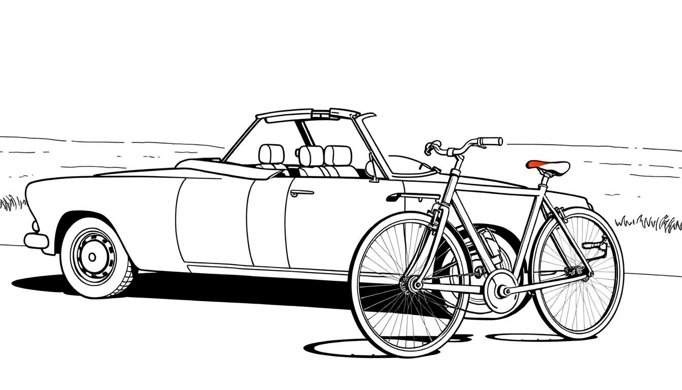 Kleurplaat van een klassieke cabriolet auto naast een fiets.