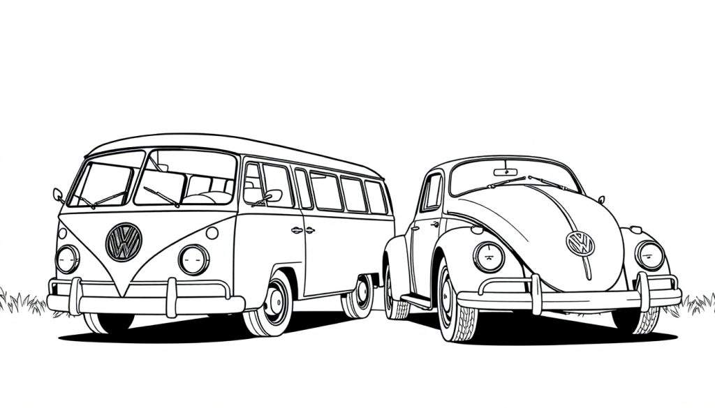 Kleurplaat van een VW Bus en een VW Kever.