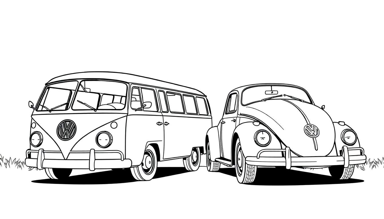 Kleurplaat van een VW Bus en een VW Kever.