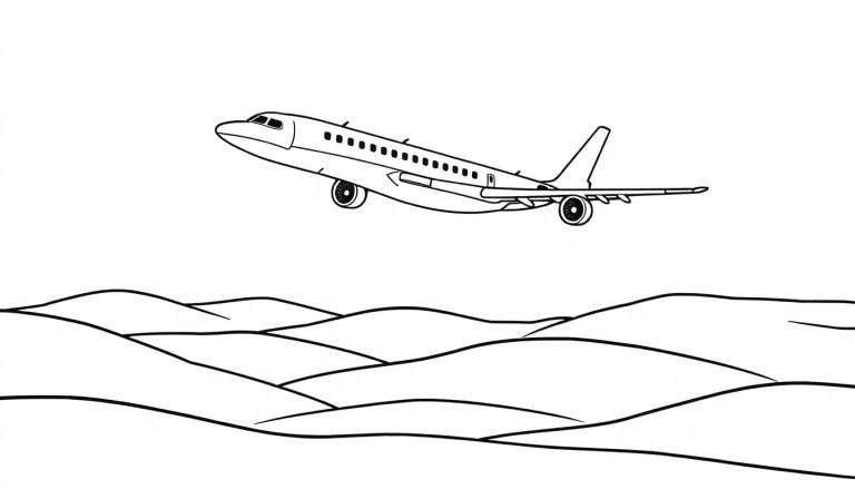 Een zwart-wit kleurplaat van een vliegtuig boven heuvels.