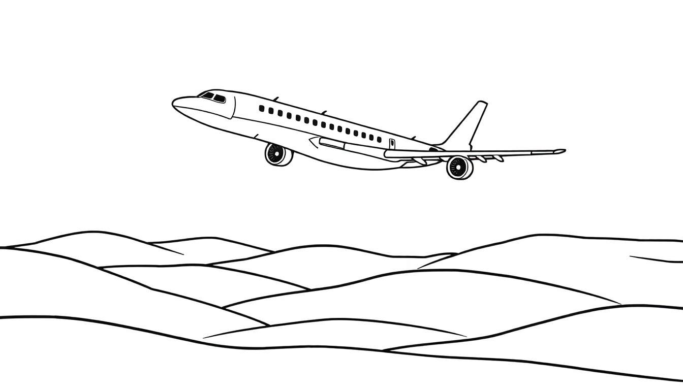 Een zwart-wit kleurplaat van een vliegtuig boven heuvels.