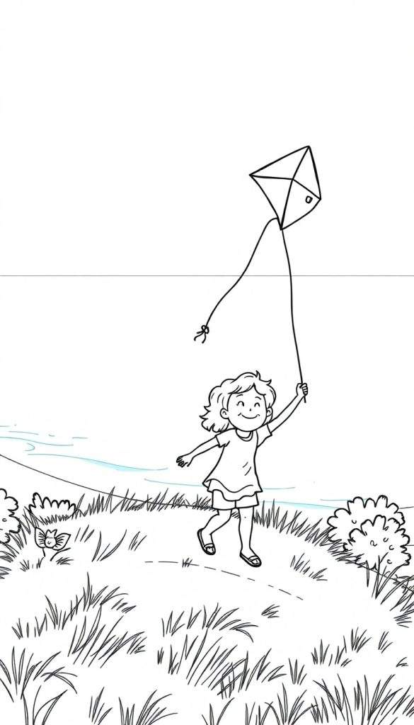 Kleurplaat van een blij meisje dat een vlieger oplaadt op een groene weide.