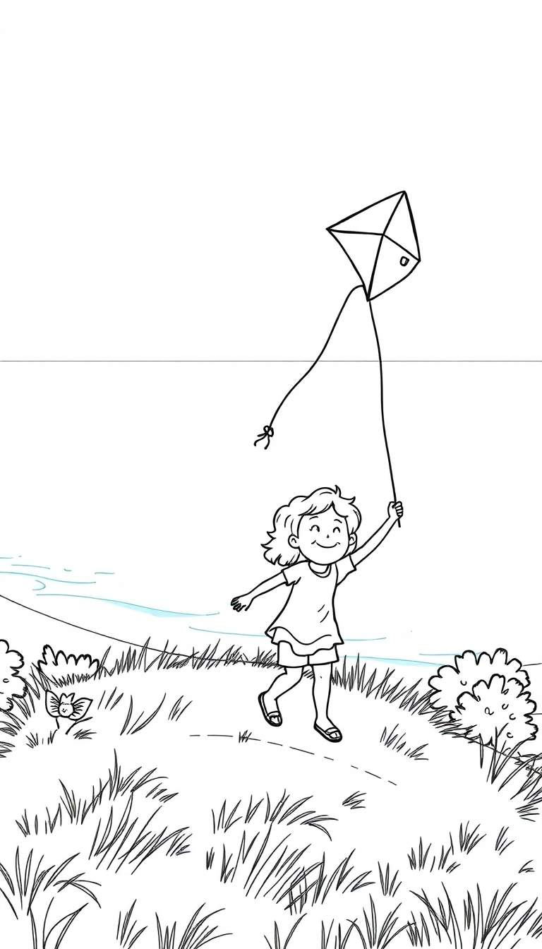 Kleurplaat van een blij meisje dat een vlieger oplaadt op een groene weide.