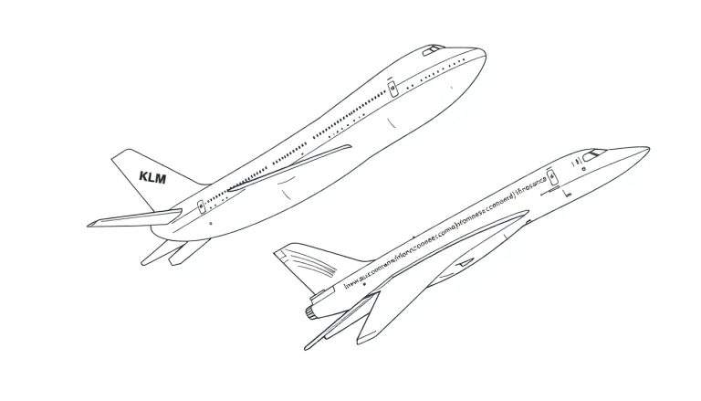 Kleurplaat van een KLM Boeing 747 en een Concorde.