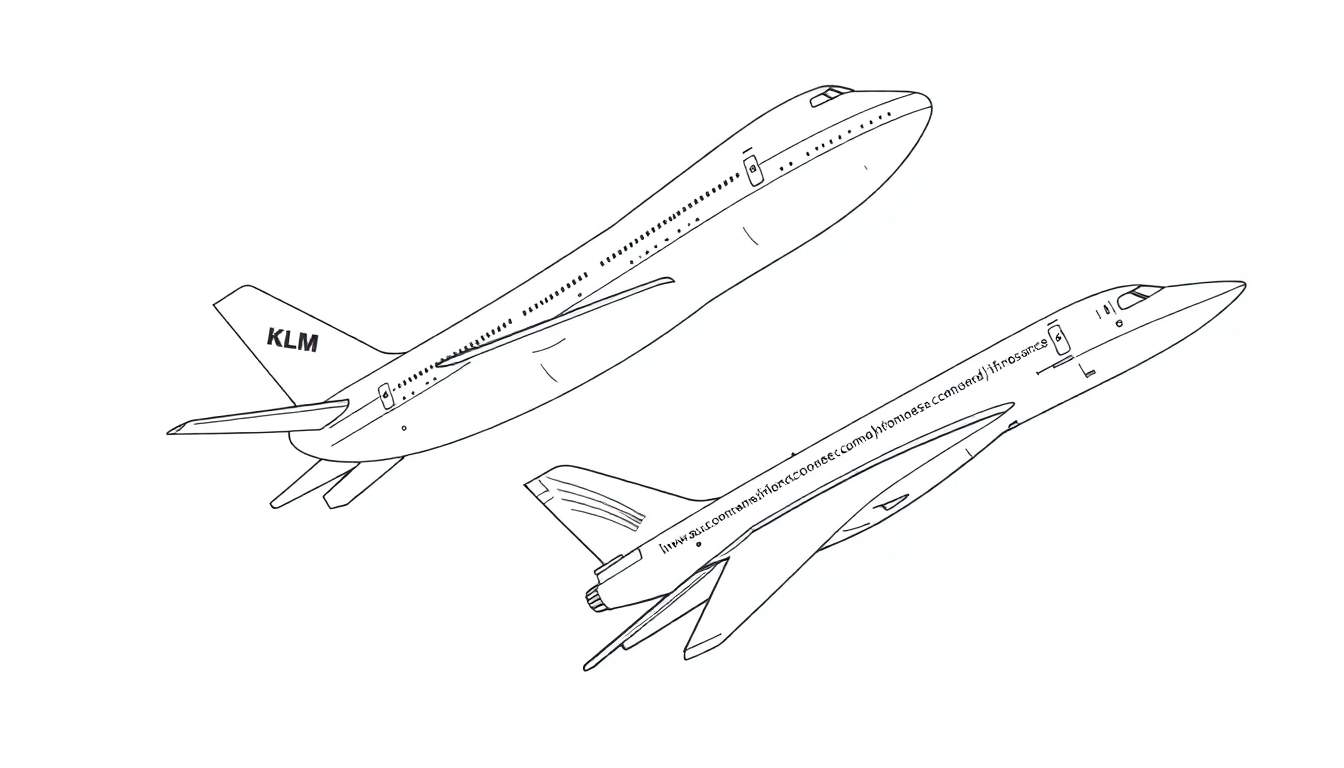 Kleurplaat van een KLM Boeing 747 en een Concorde.