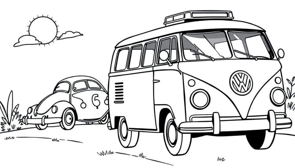 Zwart-wit kleurplaat van een Volkswagen busje en een Volkswagen Kever.