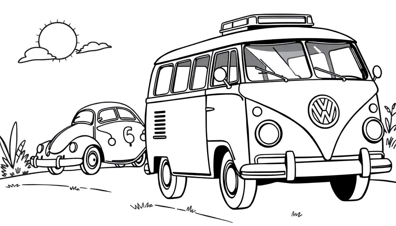 Zwart-wit kleurplaat van een Volkswagen busje en een Volkswagen Kever.