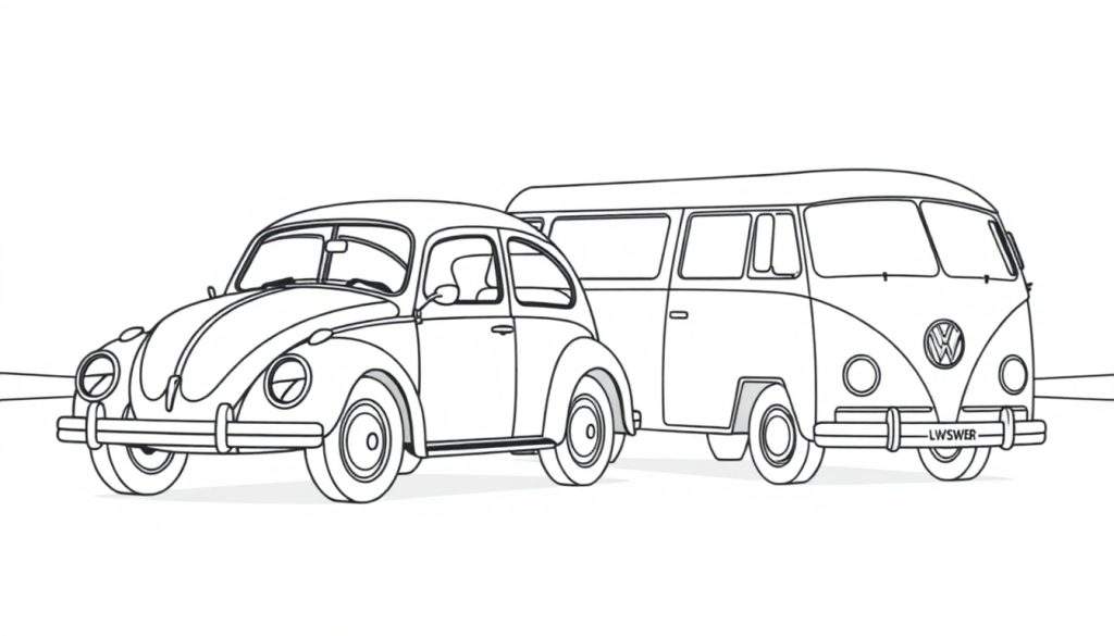 Kleurplaat van een Volkswagen Kever en een Volkswagen busje.