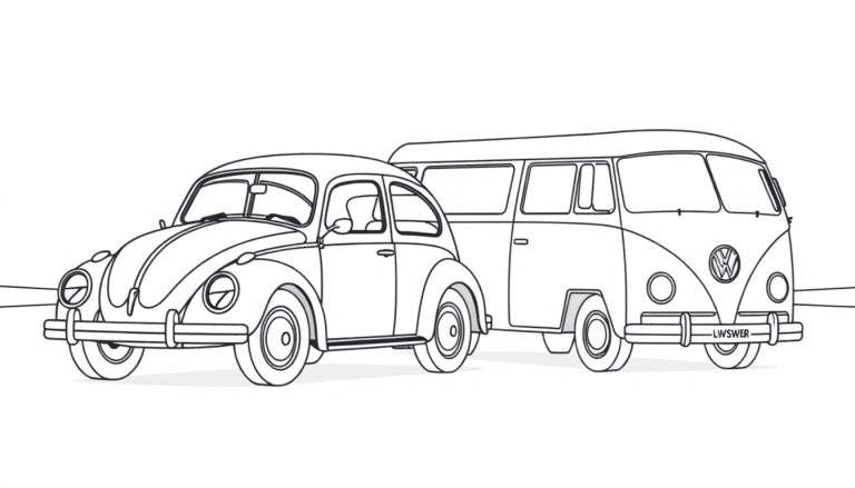 Kleurplaat van een Volkswagen Kever en een Volkswagen busje.