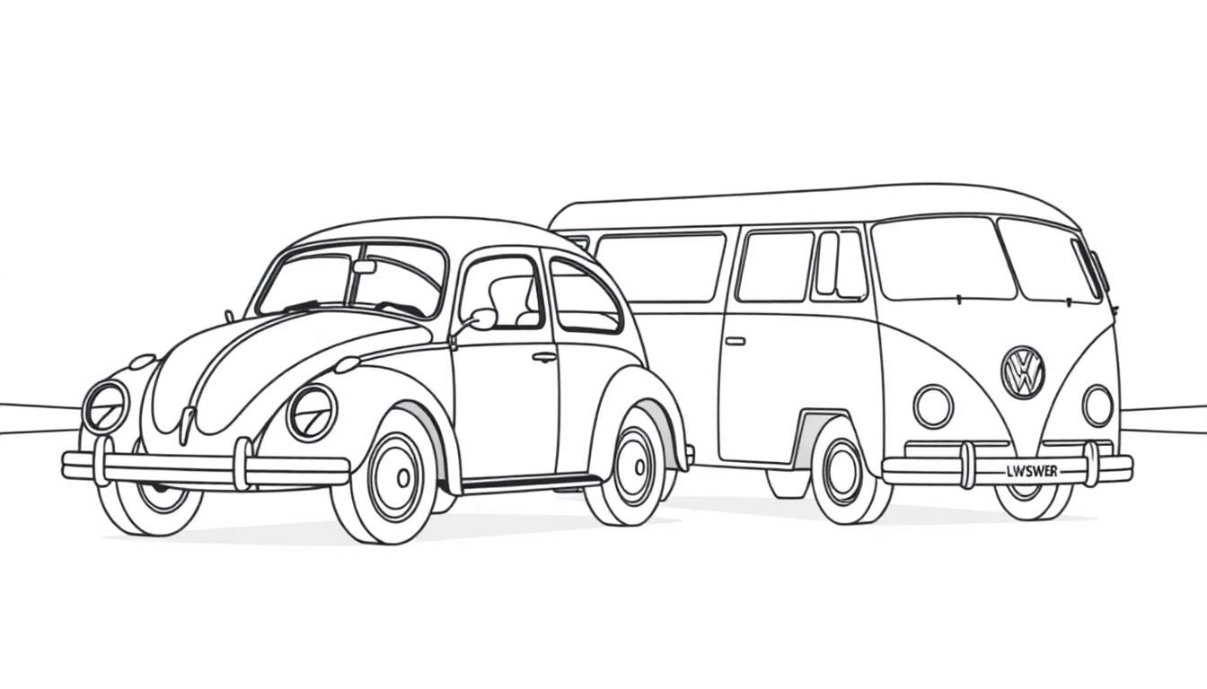Kleurplaat van een Volkswagen Kever en een Volkswagen busje.