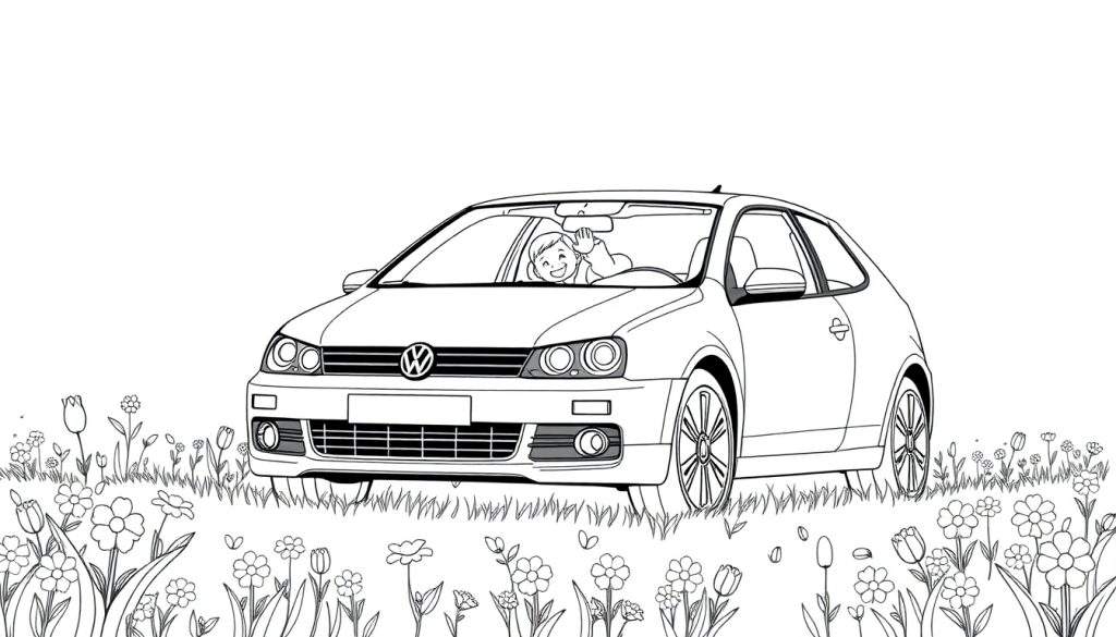 Illustratie van een zwarte Volkswagen Polo met een lachend kind erin, zwaaiend vanuit een bloemenveld. Kleurplaat.