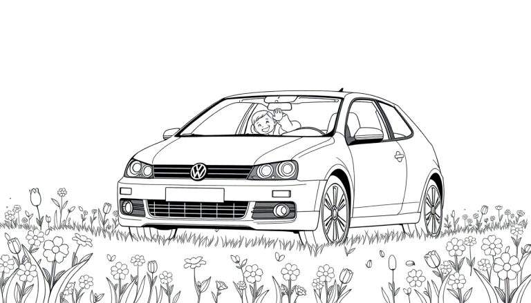 Illustratie van een zwarte Volkswagen Polo met een lachend kind erin, zwaaiend vanuit een bloemenveld. Kleurplaat.