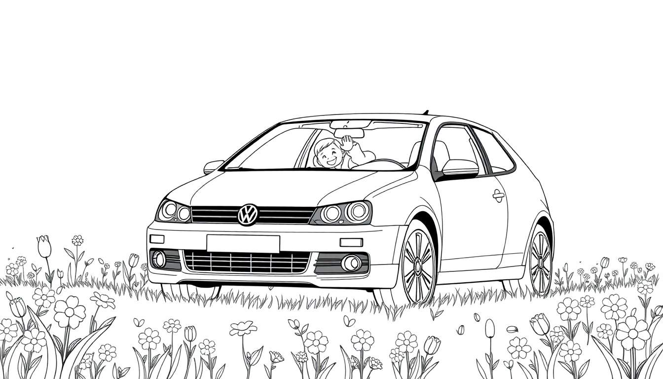 Illustratie van een zwarte Volkswagen Polo met een lachend kind erin, zwaaiend vanuit een bloemenveld. Kleurplaat.
