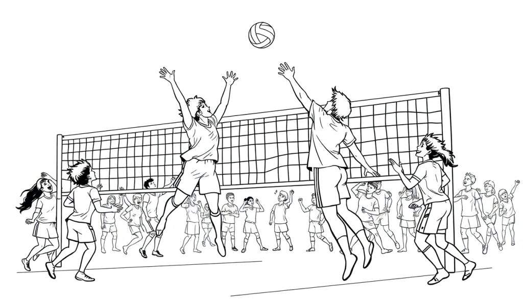 Kleurplaat van een spannende volleybalwedstrijd met springende spelers en juichende toeschouwers.