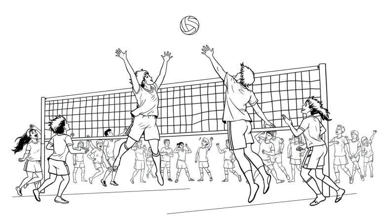 Kleurplaat van een spannende volleybalwedstrijd met springende spelers en juichende toeschouwers.