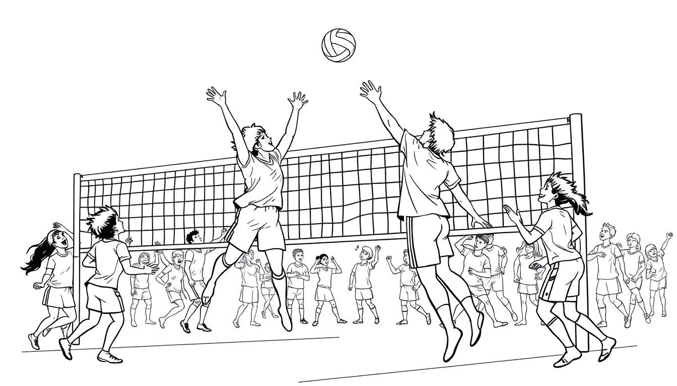 Kleurplaat van een spannende volleybalwedstrijd met springende spelers en juichende toeschouwers.